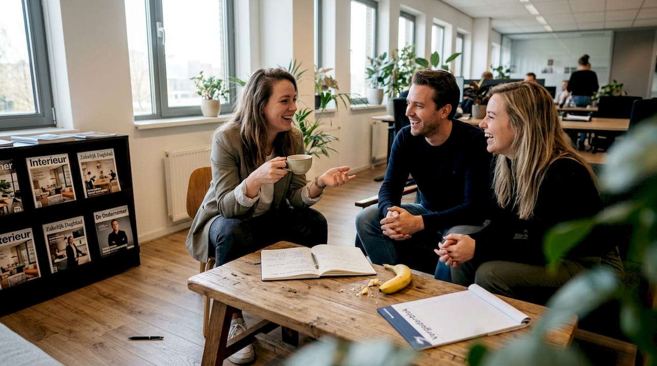 Collega’s maken samen lol tijdens een korte koffiepauze op kantoor