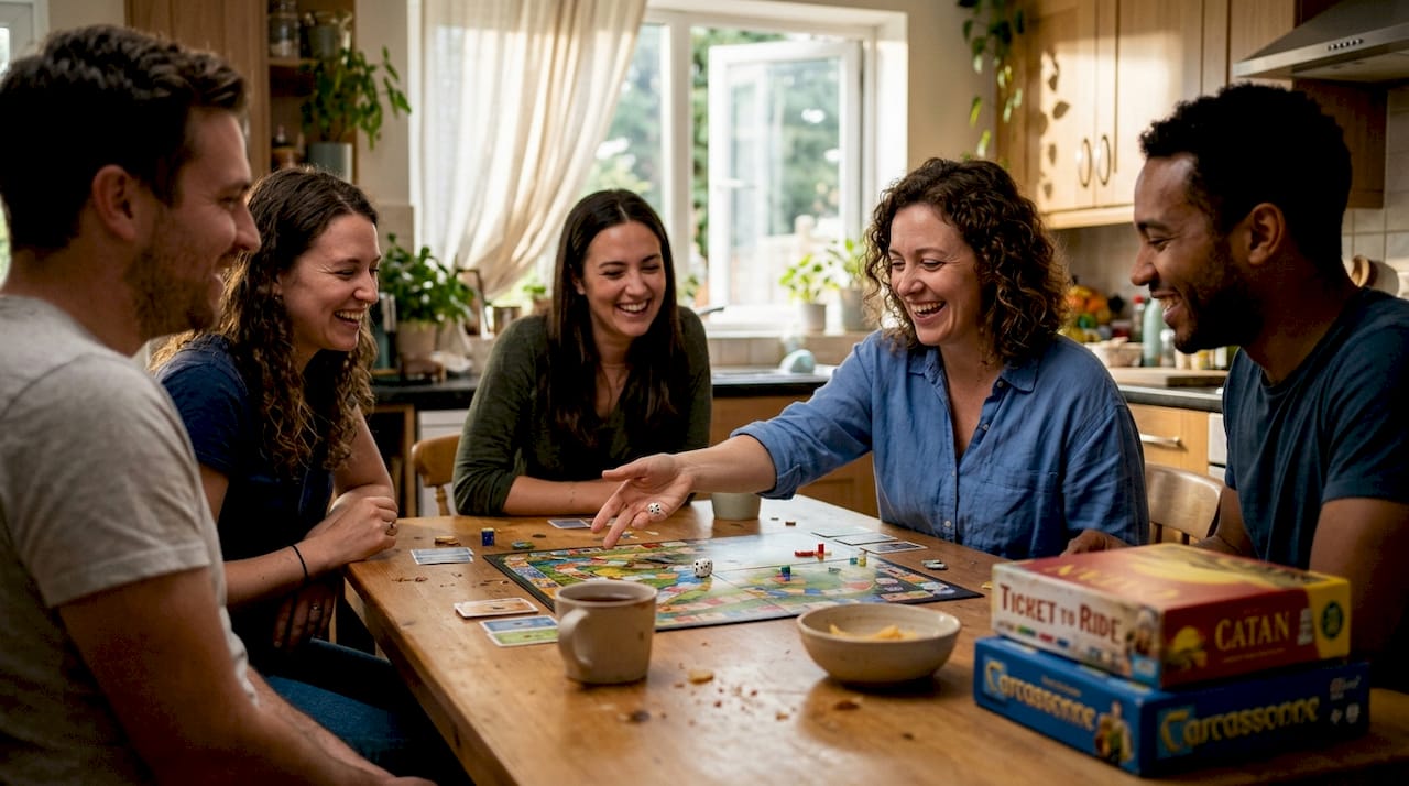 Vier vrienden zitten gezellig aan de keukentafel en schateren het uit tijdens een spelletje.