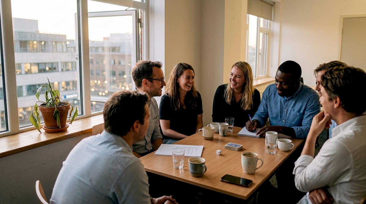 Een groep volwassenen doet een kennismakingsspel tijdens een vergadering aan tafel.