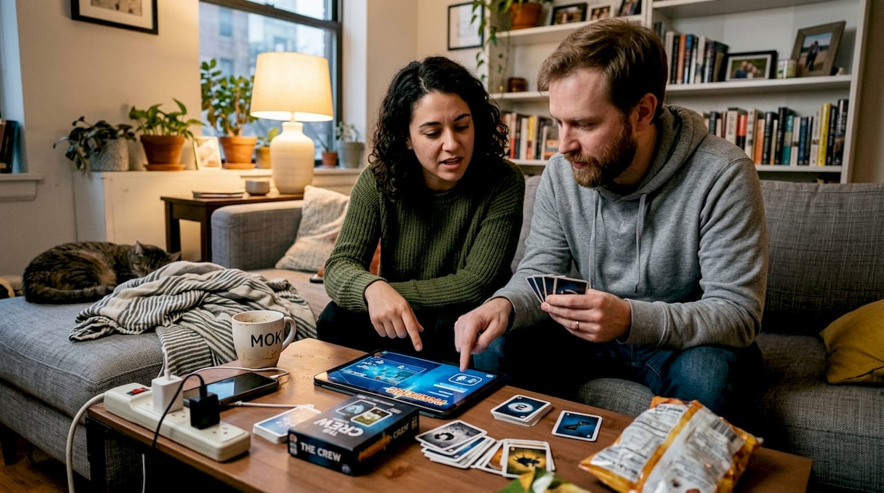 Vanavond gezellig samen in de woonkamer Pandemic en The Crew gespeeld.