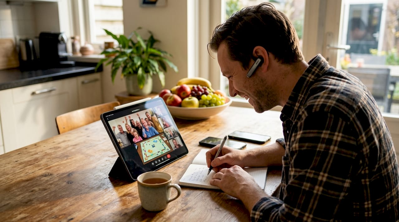 Een collega die vanuit huis werkt, stemt af met het team tijdens een online spelletje.