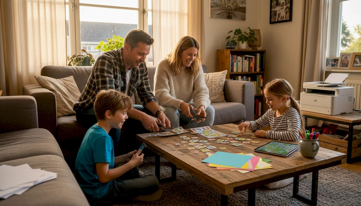 Een gezin gaat samen thuis aan de slag met het voorbereiden van printbare spelletjes.