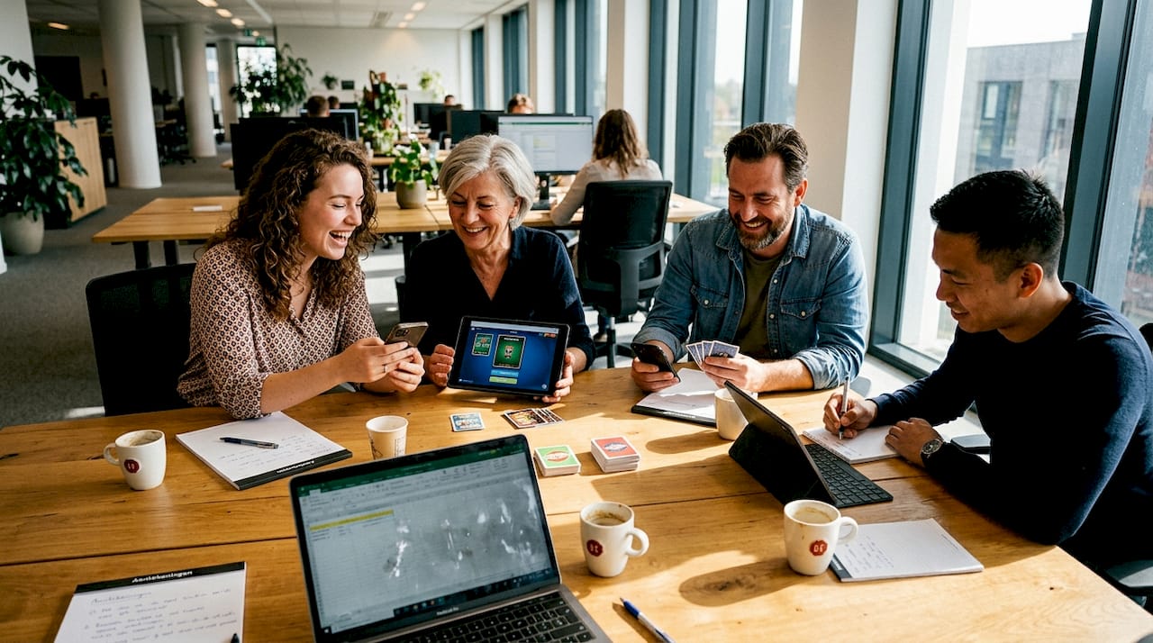 Collega’s doen fanatiek mee aan een teamactiviteit op kantoor