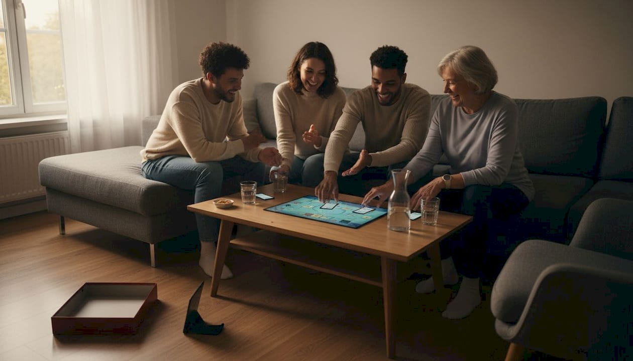 Een groep vrienden zit gezellig in de woonkamer een spelletje te doen.