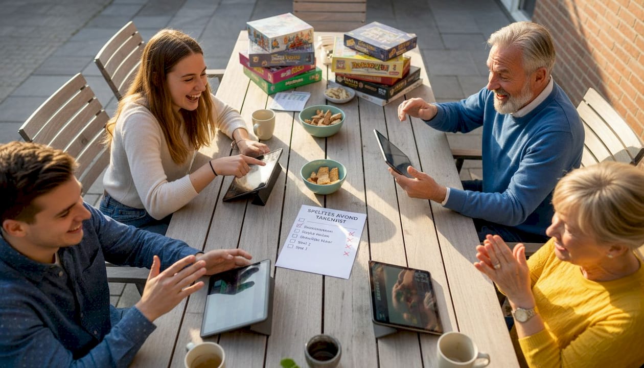 Man bespreekt en vergelijkt bordspellen aan de keukentafel