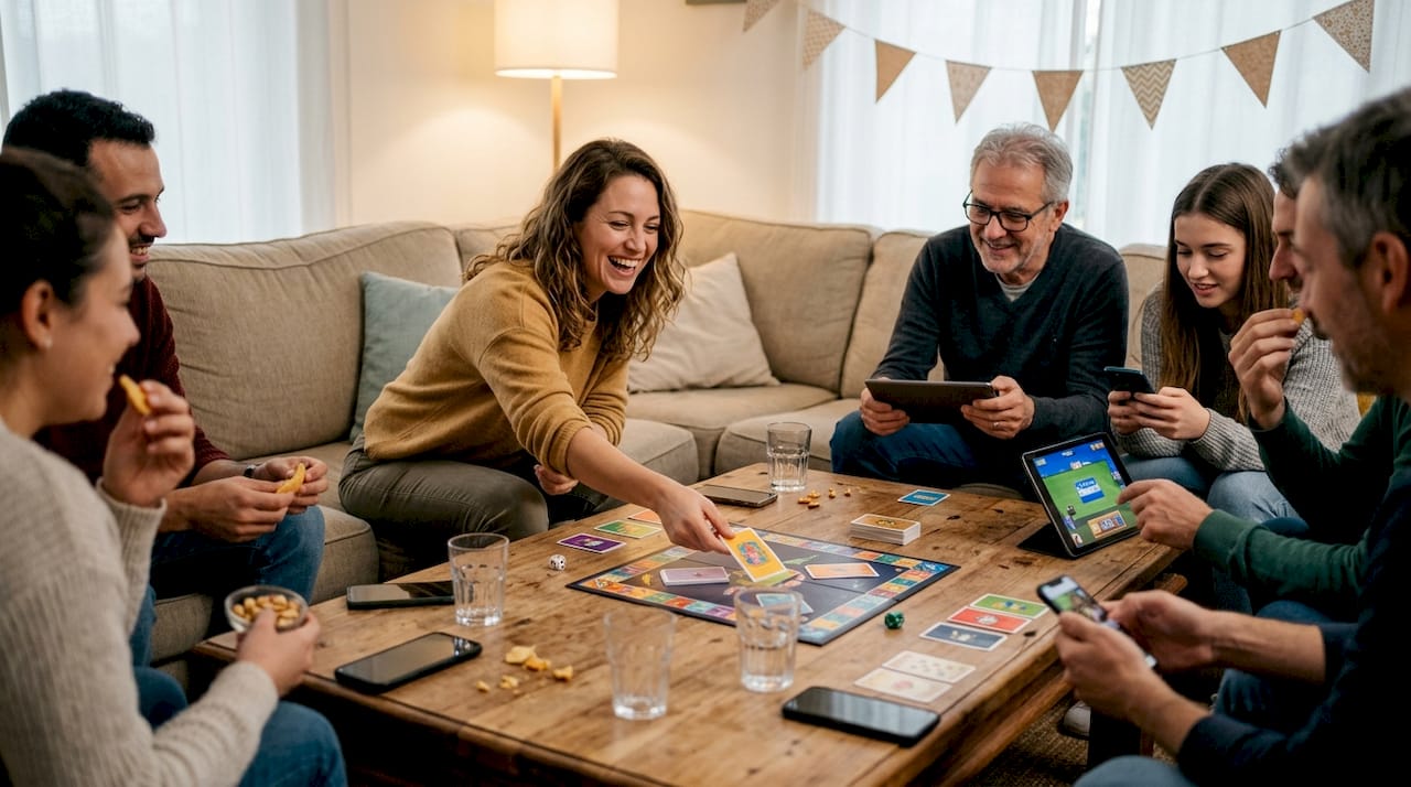 Een groep vrienden zit gezellig rondom de salontafel, verdiept in een leuk gezelschapsspel.
