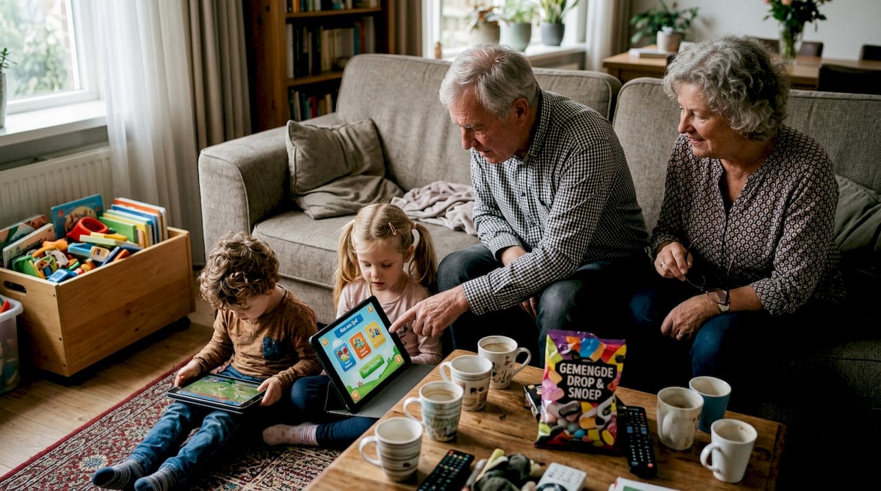 Opa en oma gamen samen met de kleinkinderen