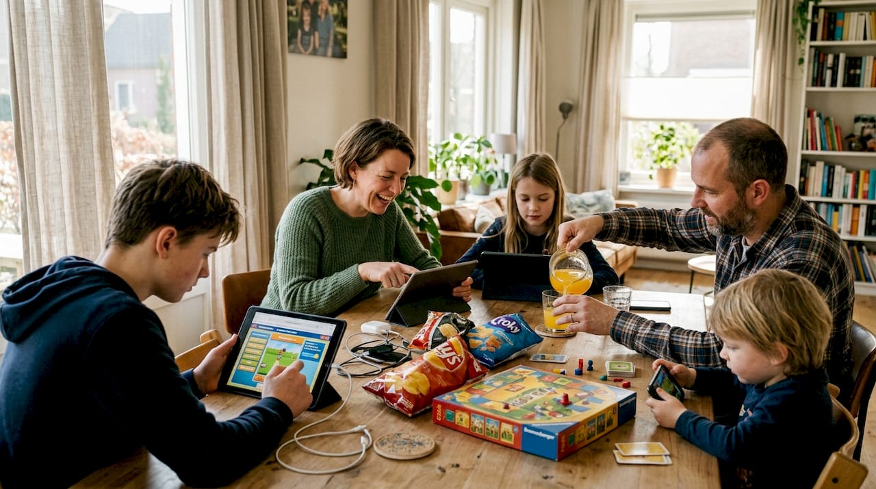 Gezin vermaakt zich samen met een leuk online spel, helemaal zonder te hoeven downloaden.