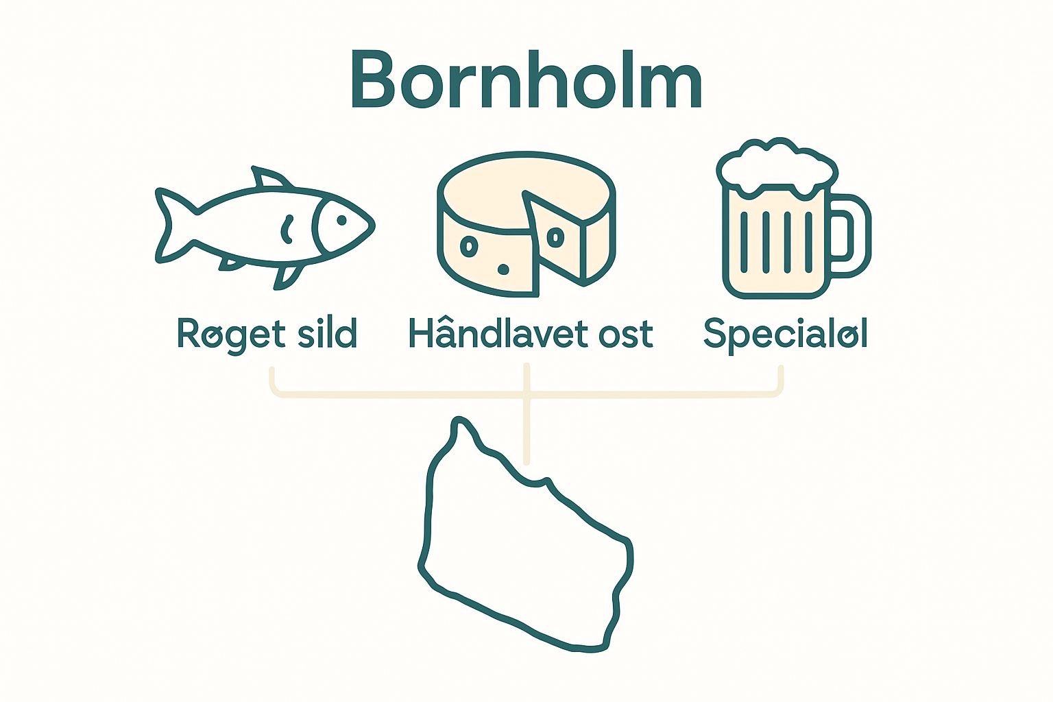 Infographic of Bornholm specialties: smoked herring, cheese, beer