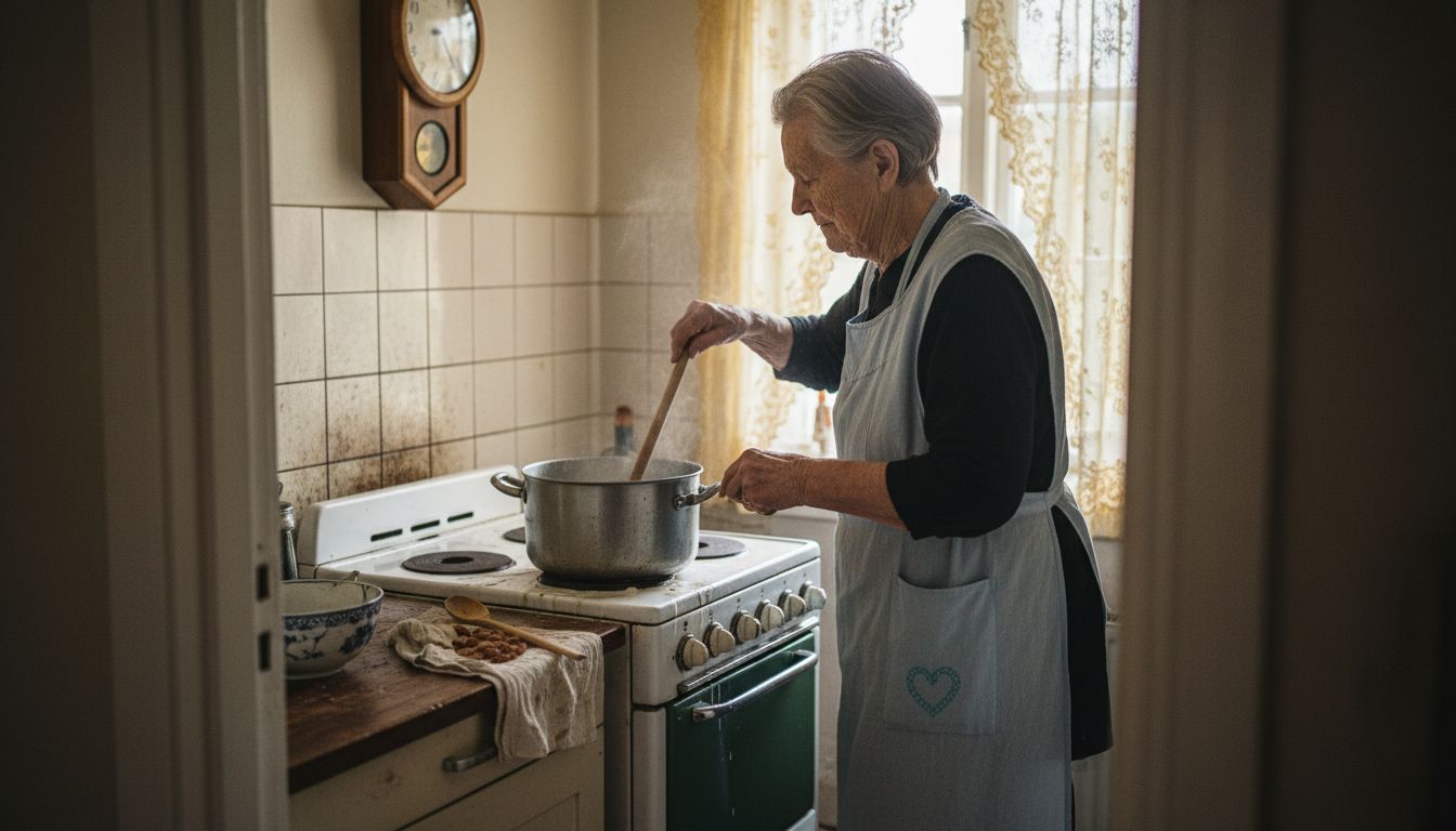 Elderly woman preparing risalamande in vintage kitchen