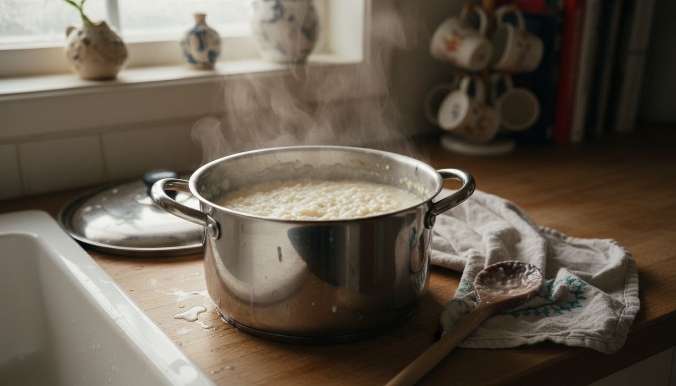 Rice pudding cooling on kitchen counter