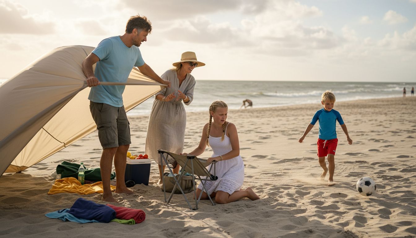 Family sets up shelter on Danish beach