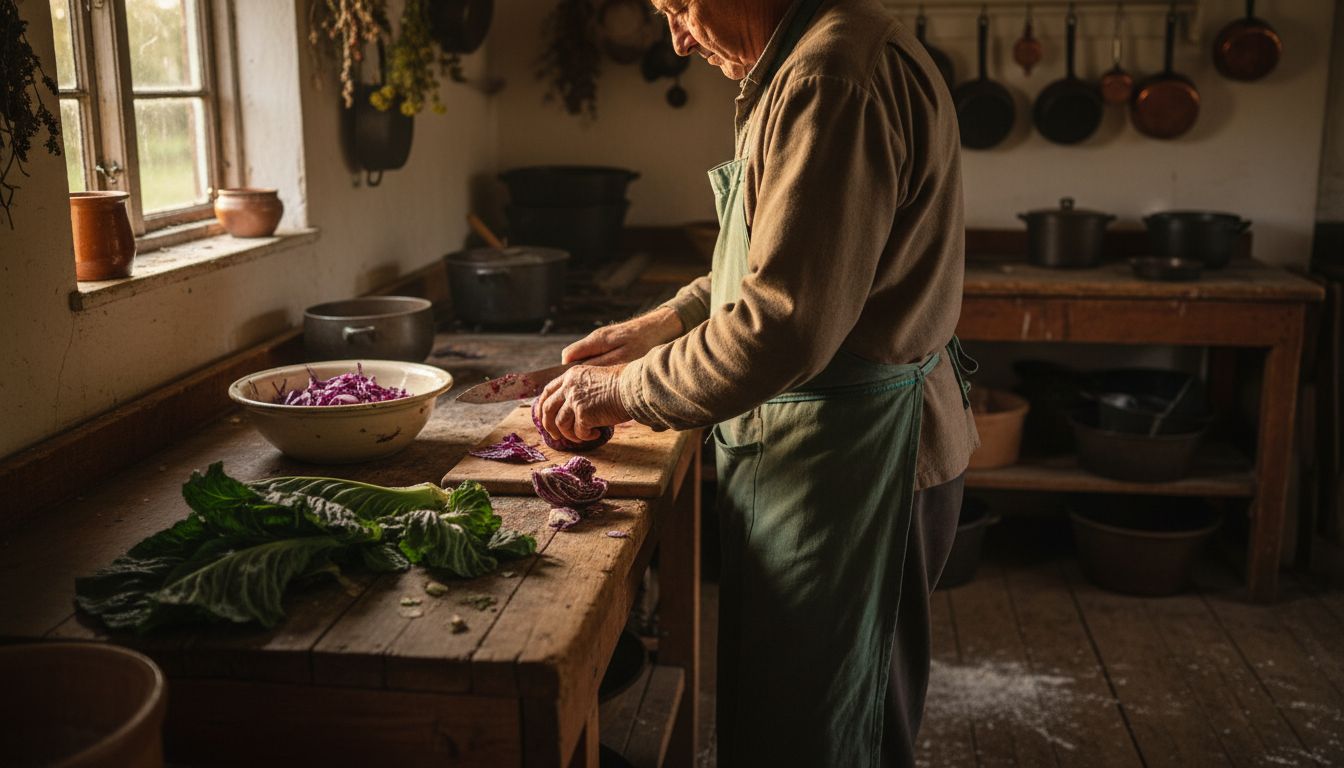 Farmer preparing red cabbage in rustic kitchen