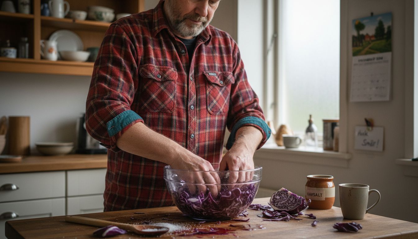 En mand står ved køkkenbordet og marinerer rødkål.