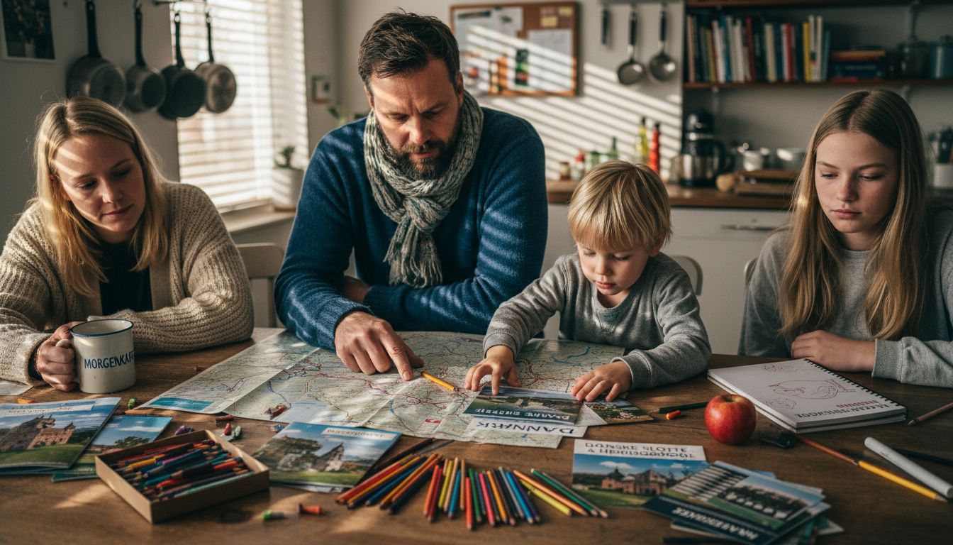 Hele familien sidder samlet omkring køkkenbordet og snakker om, hvor årets ferie skal gå hen.