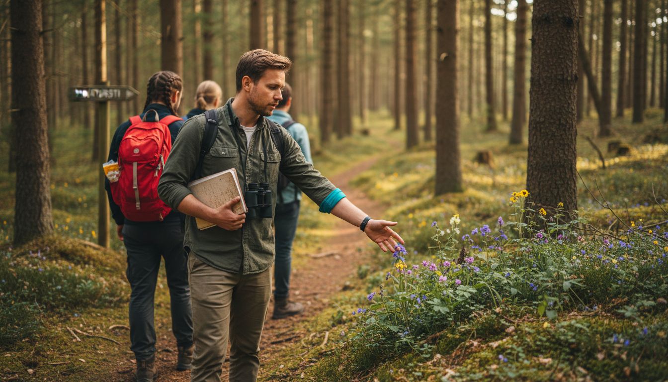 En naturvejleder fortæller vandrere om vilde blomster undervejs på turen.