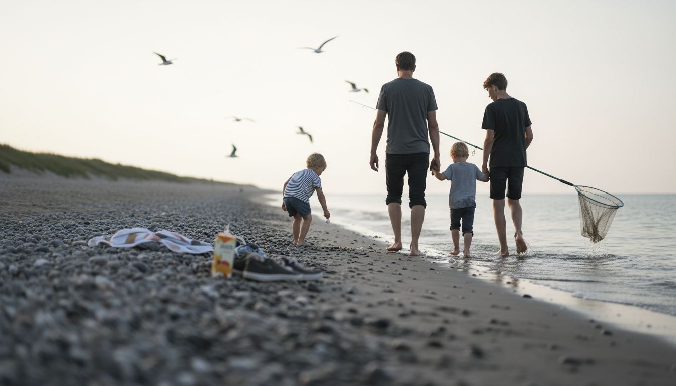 En familie går en tur langs vandkanten på en dansk strand