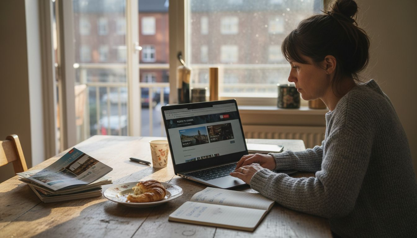 Kvinde sidder ved køkkenbordet og undersøger mulighederne for en charterferie
