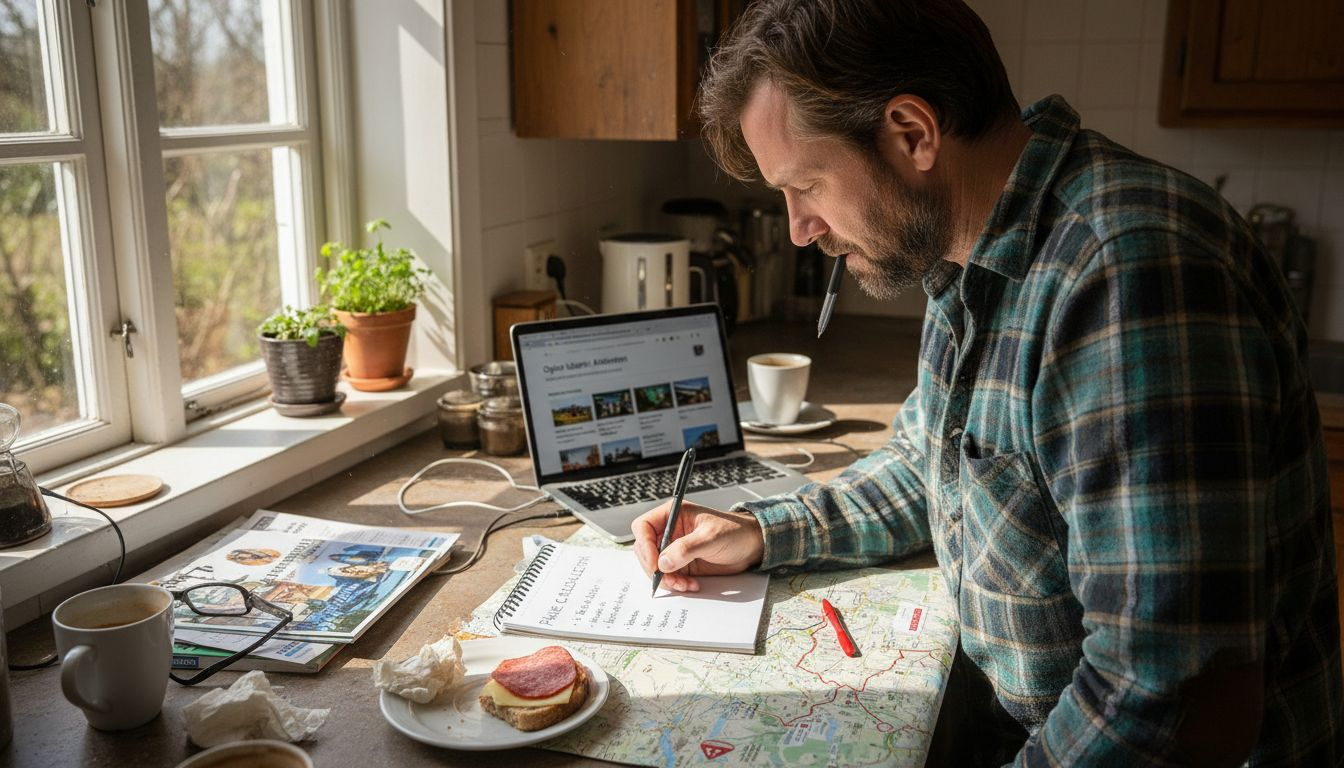 Mand sidder og laver en tjekliste til sin rejse