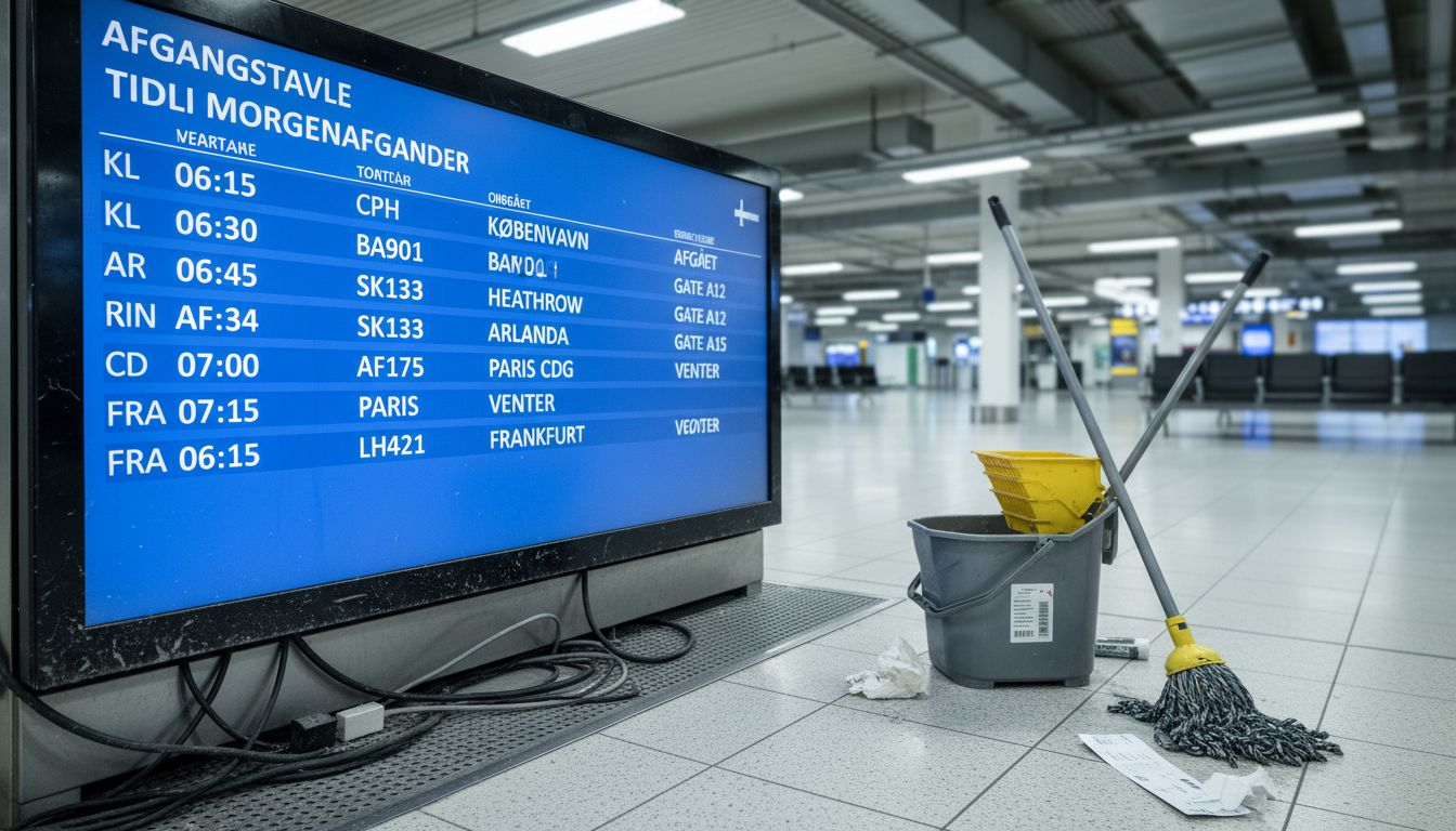 Afgangstavlen lyser op i den næsten tomme lufthavnsterminal.