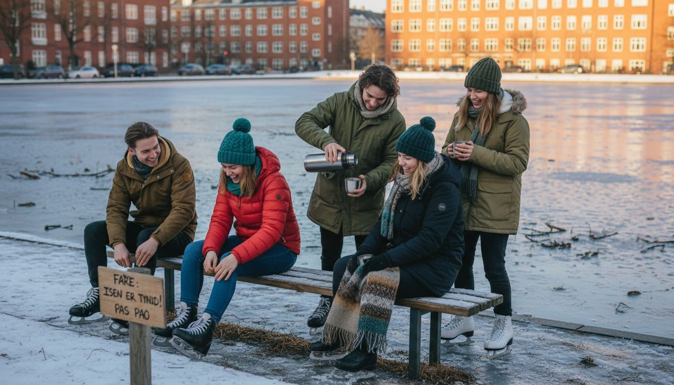 Venner gør klar til en tur på skøjter på den lokale bysø.