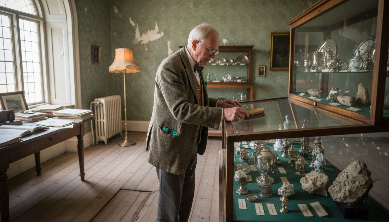 Museumsinspektøren passer og plejer udstillingsmontren med antikviteter