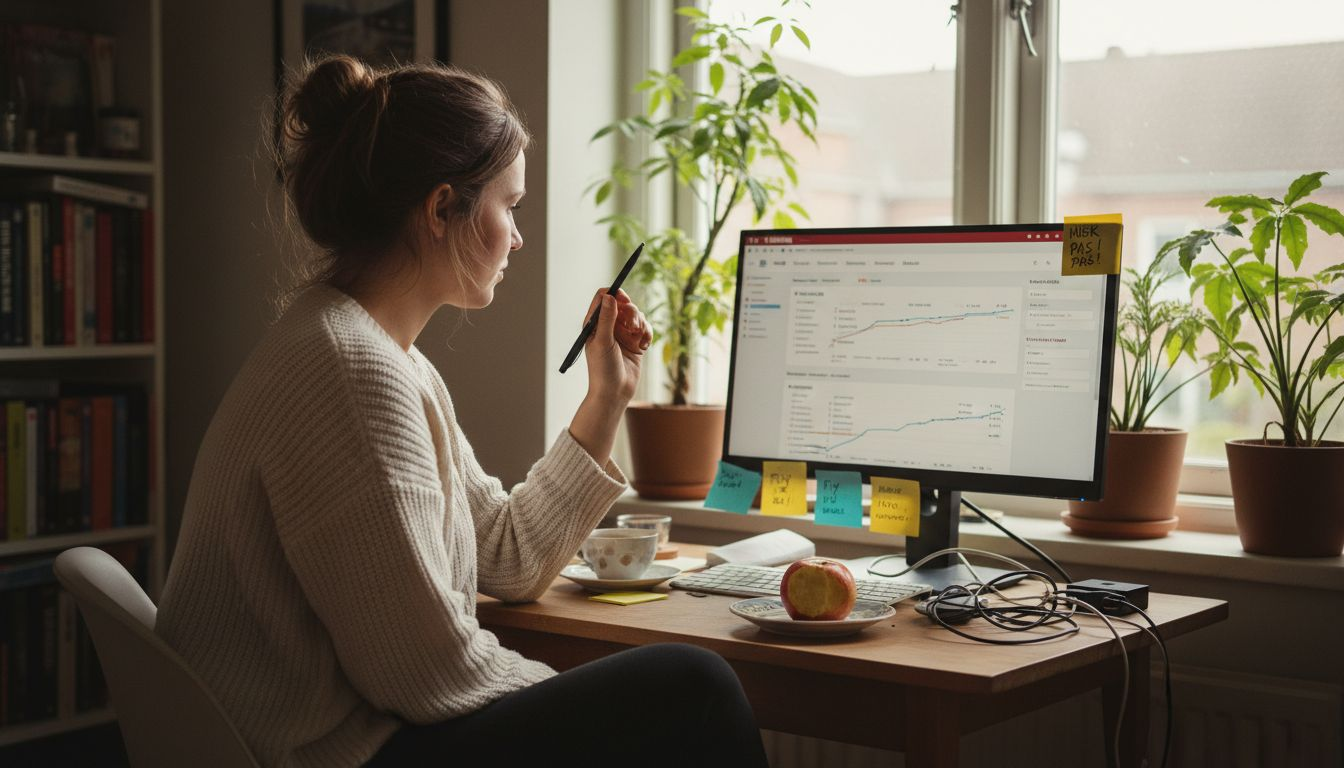 Kvinde sidder ved sit skrivebord og sorterer flybilletter efter pris