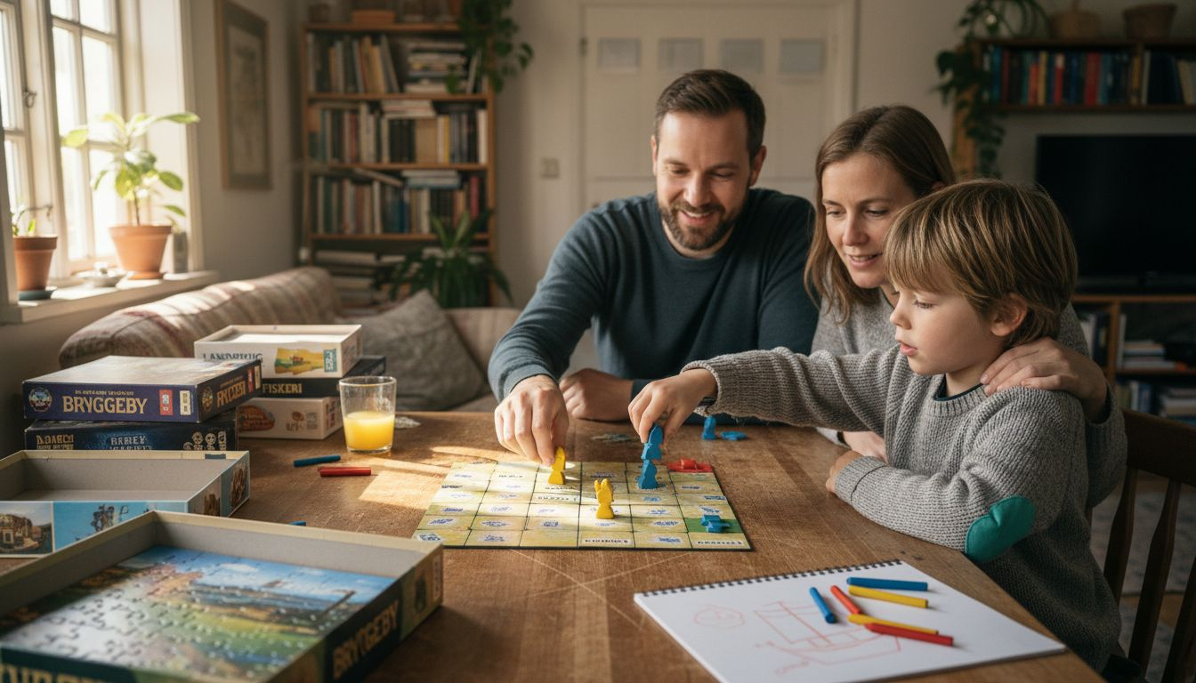 En familie hygger sig med et brætspil sammen derhjemme.