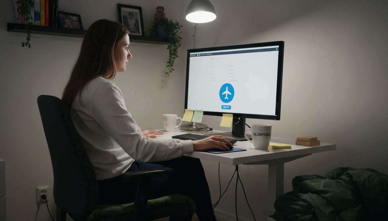 En kvinde sidder og tilpasser søgekriterierne på en hjemmeside for flybilletter.