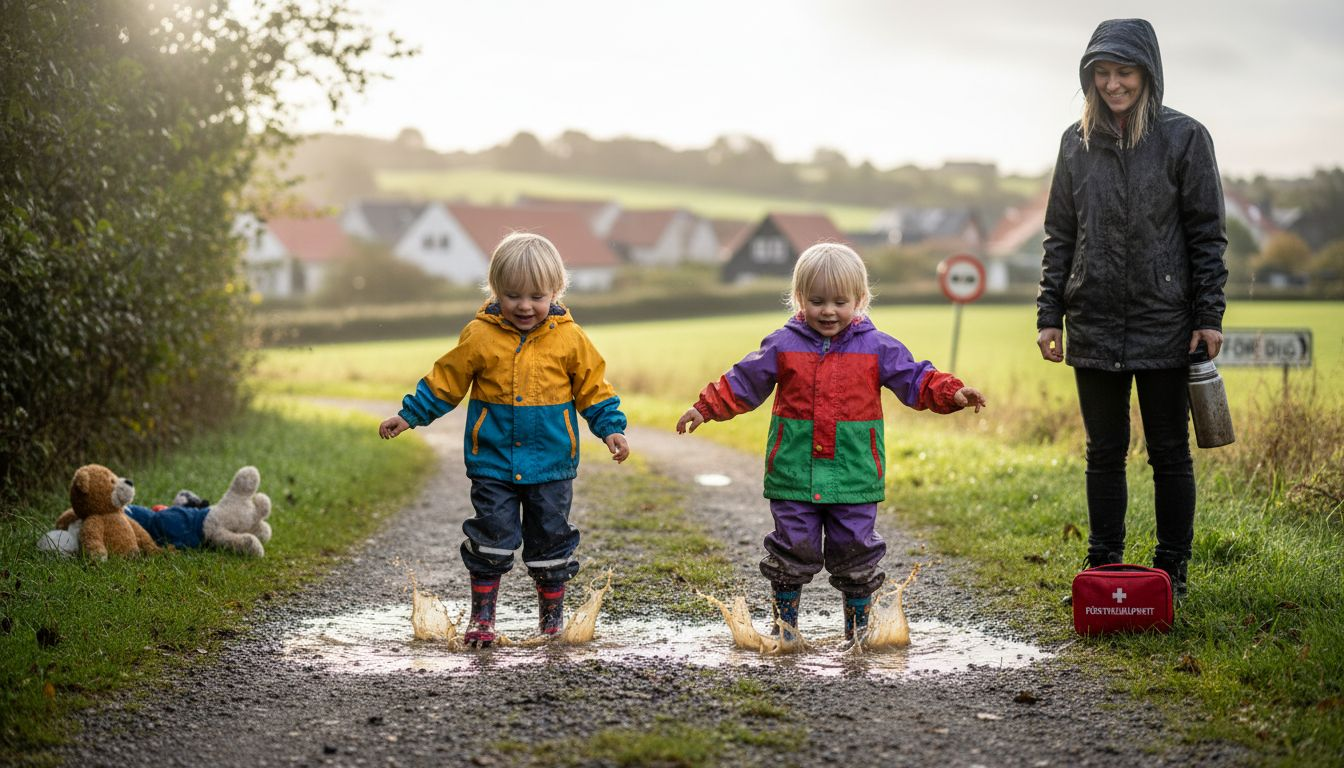 Hele familien nyder en dag ude i naturen, hvor børnene tumler rundt og leger sammen.