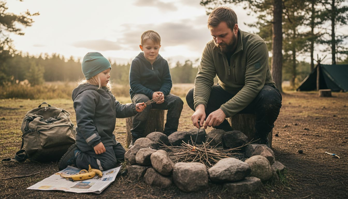 Hele familien er samlet om at få gang i bålet – alle hjælper til, og der bliver hygget med at finde brænde og få flammerne til at tage fat.