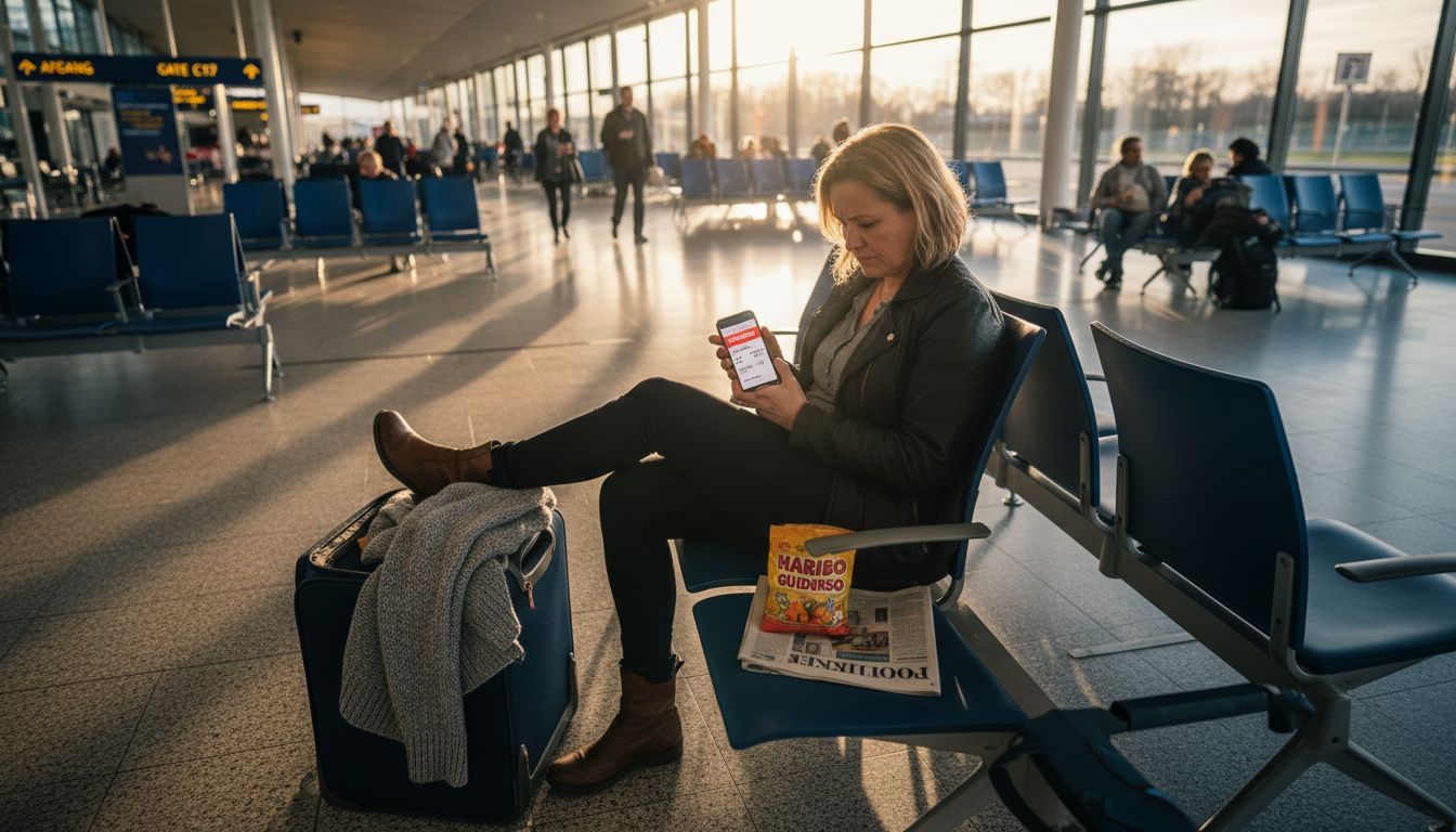 En kvinde sidder og venter på sit forsinkede fly i lufthavnen.