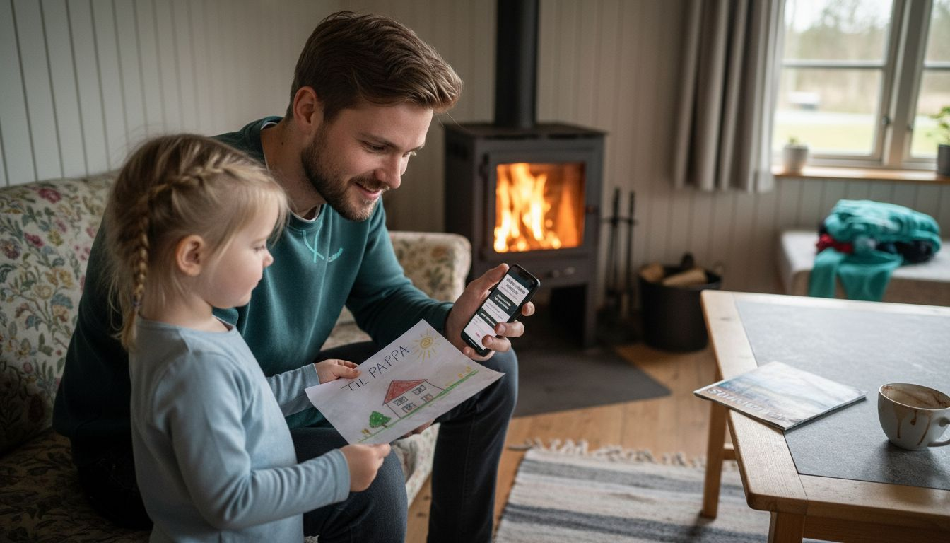 Far tjekker forskellige ferietilbud for at finde den bedste pris.