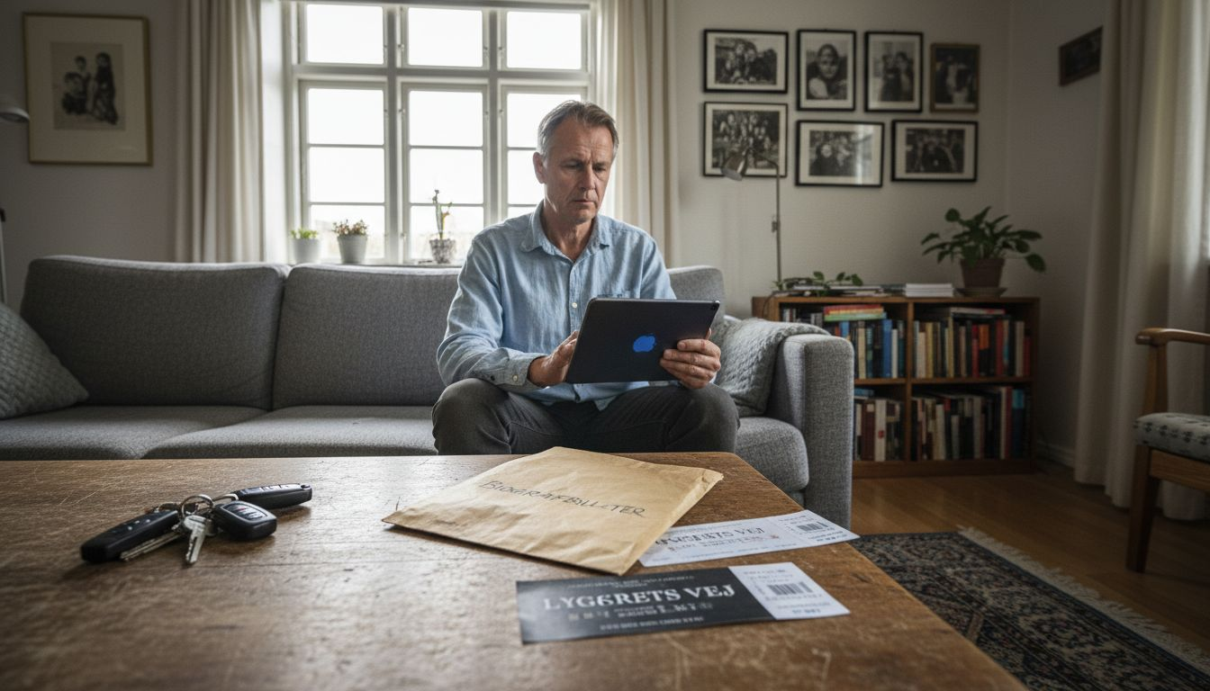 Mand sidder derhjemme og kigger på billetpriser til koncert