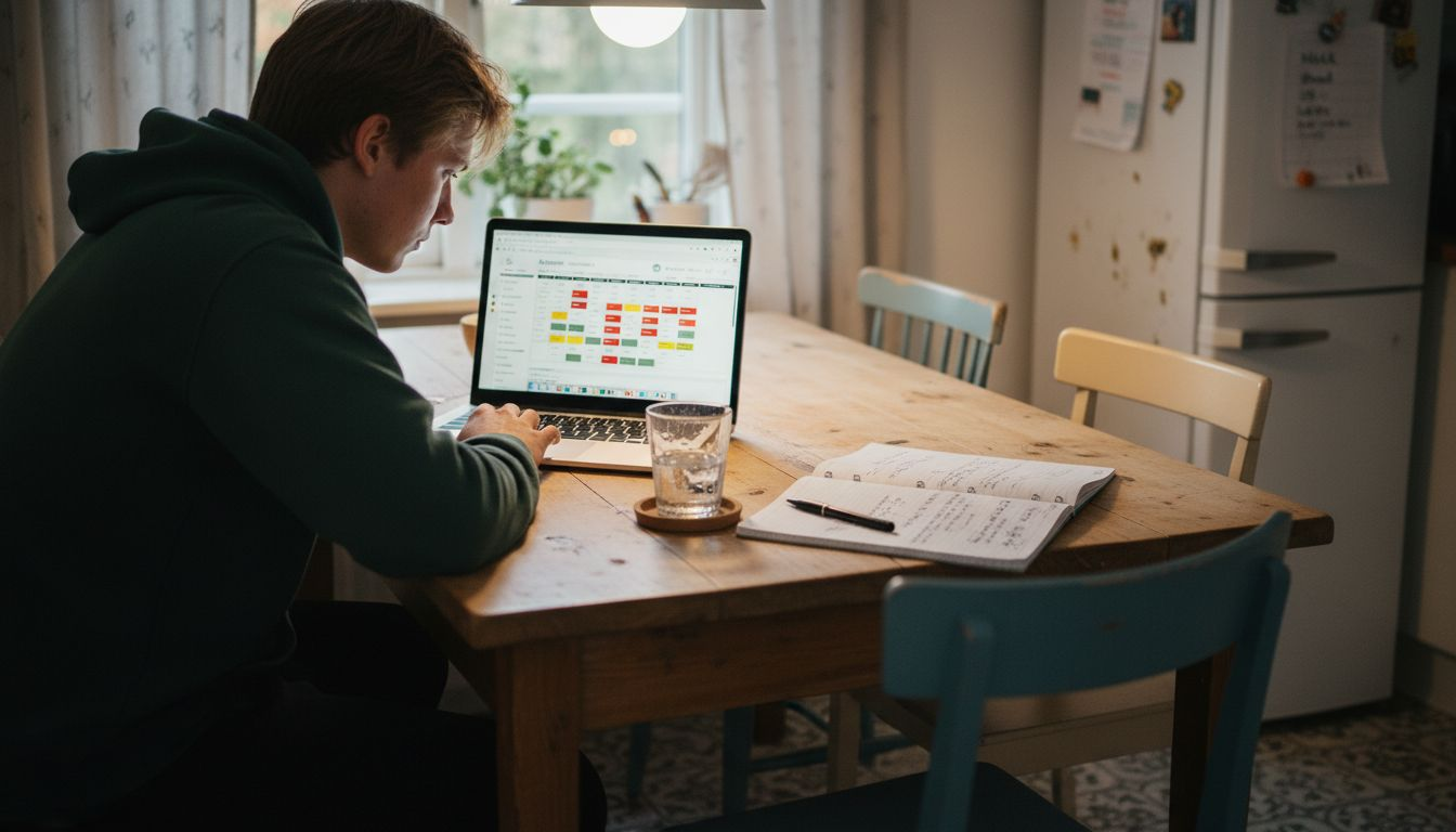 En person sidder ved sin computer og tjekker priser på flybilletter for at finde det bedste tilbud.