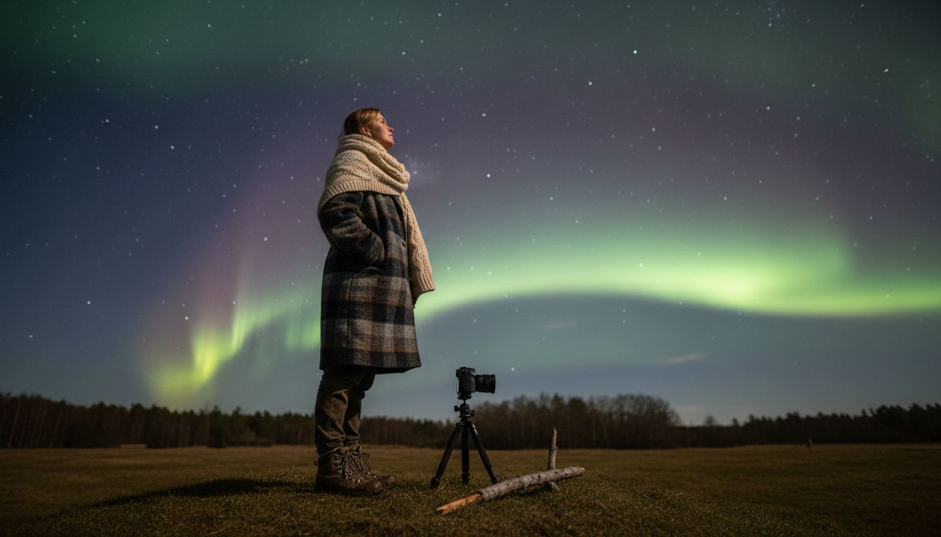En kvinde oplever nordlyset fra en dansk bakketop