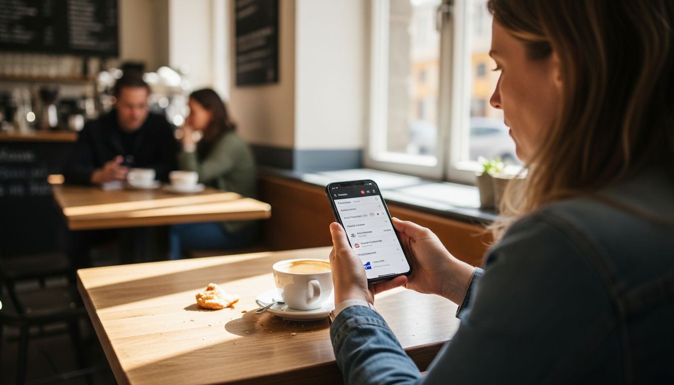 En kvinde sidder på en café og bruger søgefiltre for at finde de bedste flybilletter.