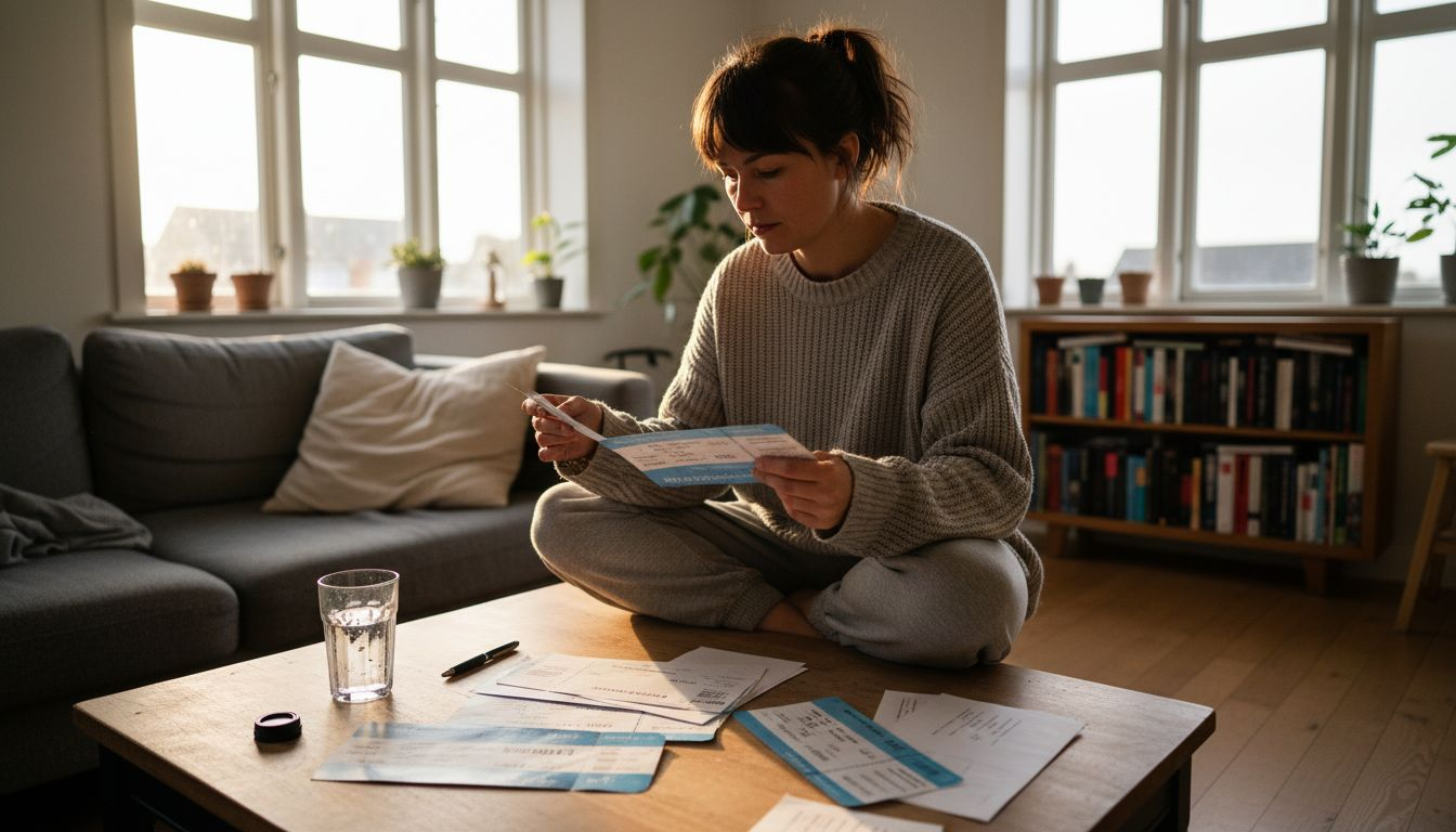 En kvinde sidder i stuen og sammenligner sine printede flybilletter.