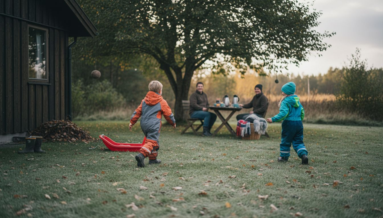 Ungerne hygger sig med leg udenfor ved vinterhuset.