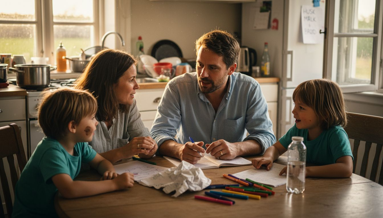 Familien snakker sammen om, hvor de gerne vil hen på ferie