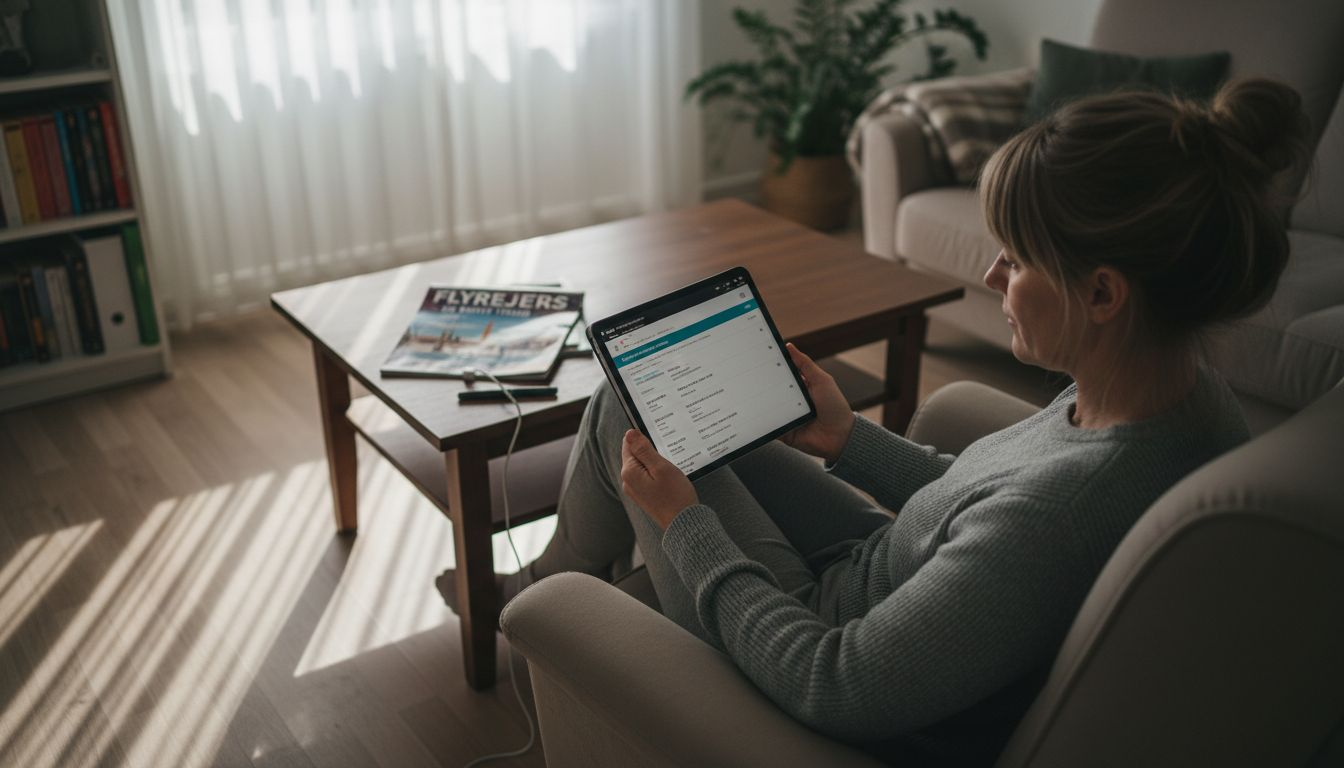 En kvinde sidder derhjemme og tjekker flybilletter på nettet for at finde den bedste pris.