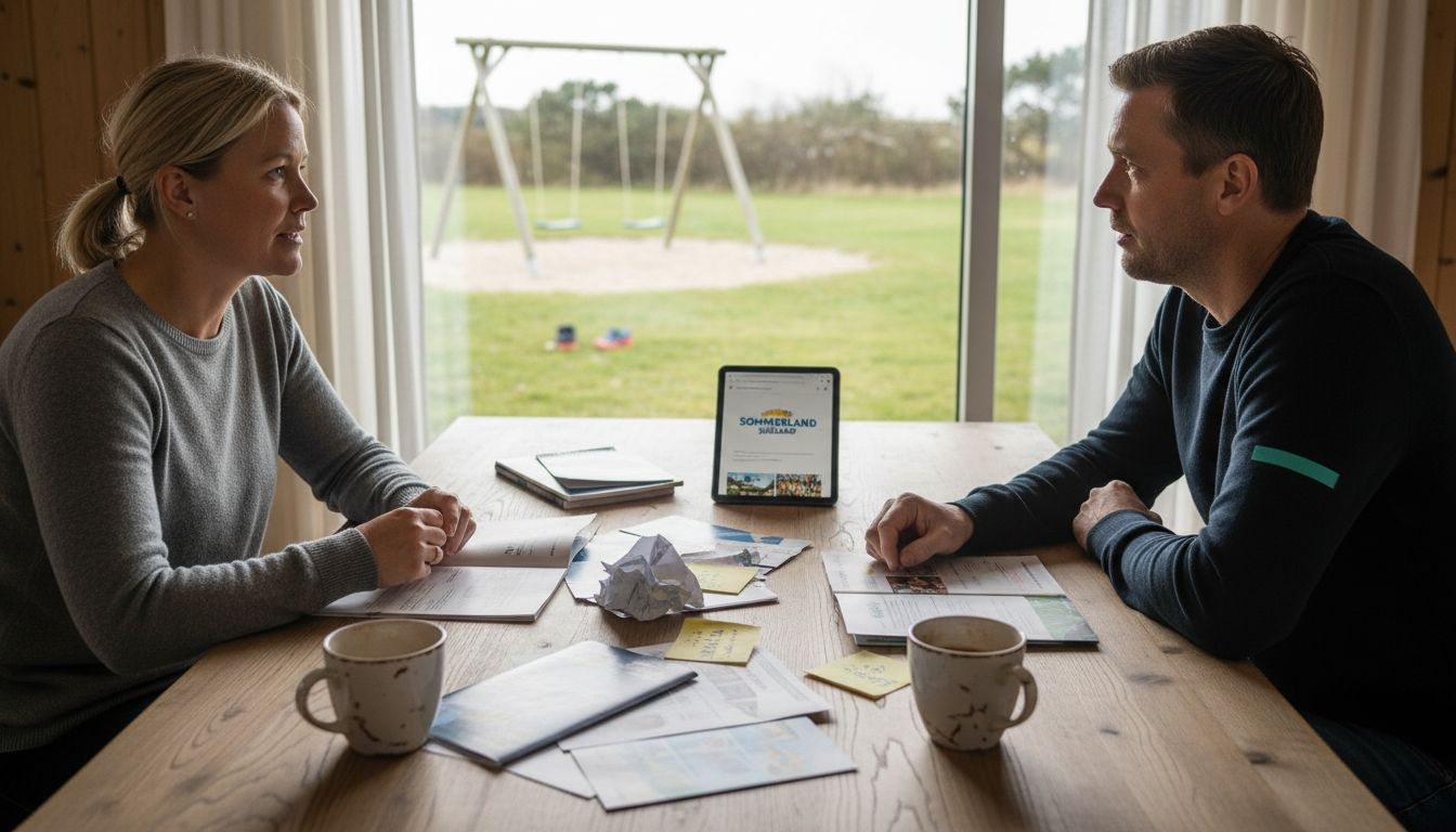 Forældre undersøger sjove oplevelser og aktiviteter, de kan lave sammen med børnene, når familien er i sommerhus.