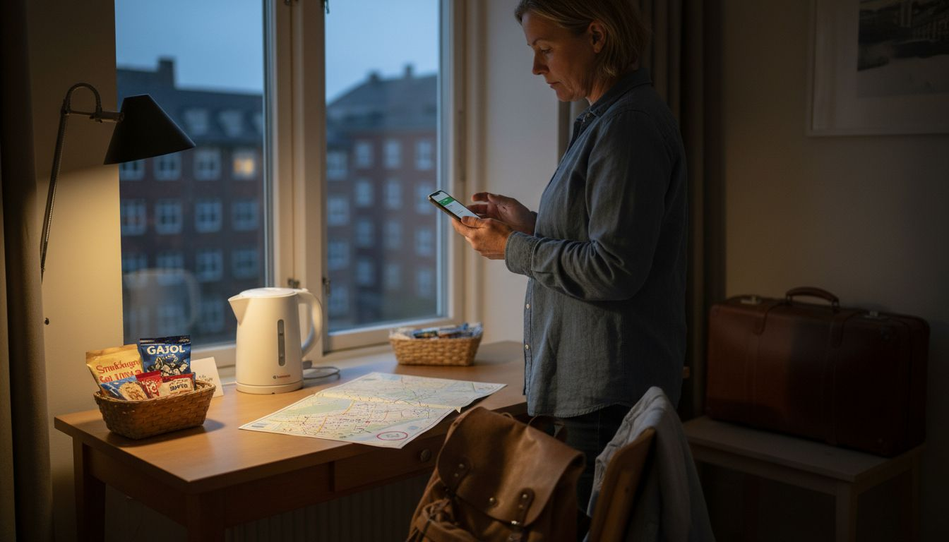 Rejsende, der tjekker faciliteterne på hotelværelset