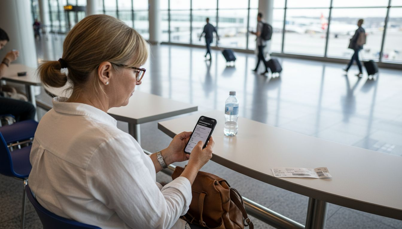 En kvinde står i lufthavnen og tjekker priser på flybilletter på sin telefon.