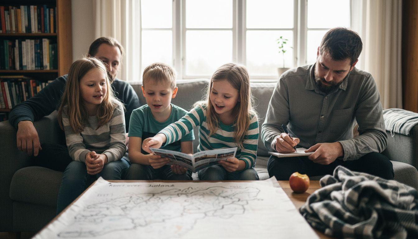 Familien sidder sammen i stuen og snakker om, hvad de skal lave.