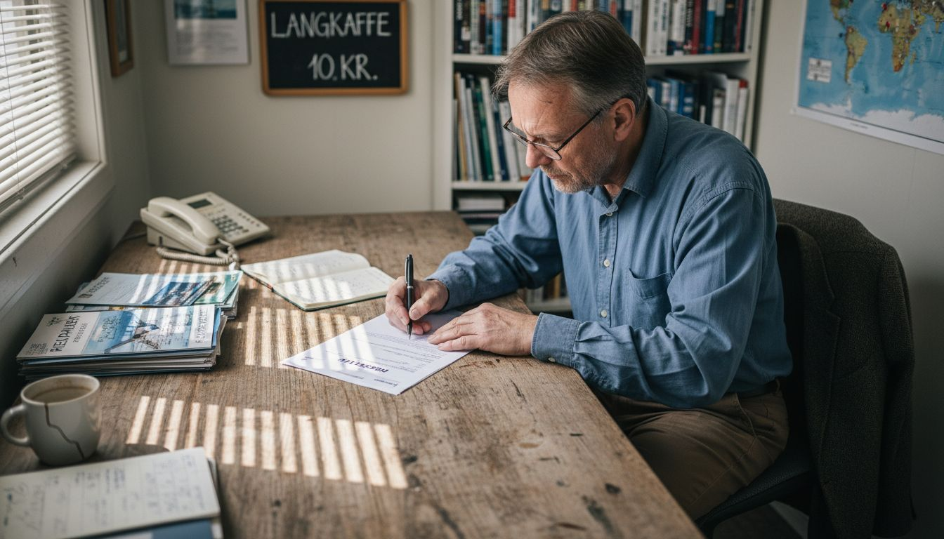 En mand underskriver en aftale om charterfly på kontoret.