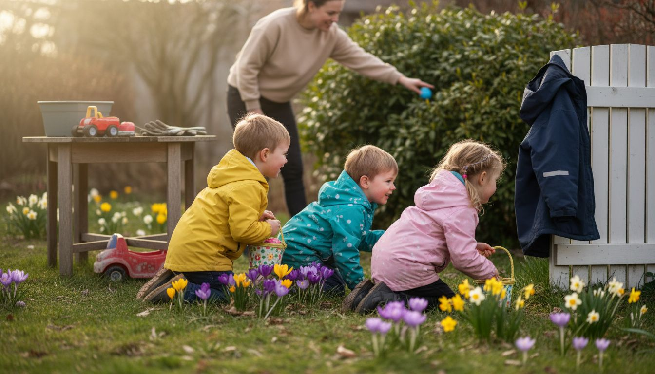 Glade børn på påskeæggejagt i den danske forårshave