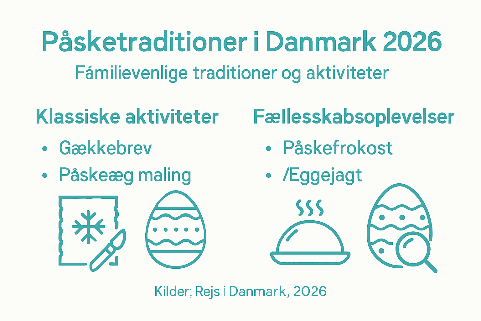 Grafik med hyggelige påsketraditioner og sjove familieaktiviteter