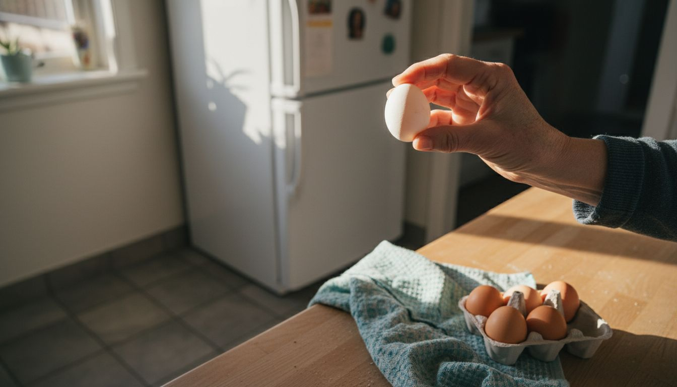 En kvinde står i køkkenet og undersøger æggene for revner.