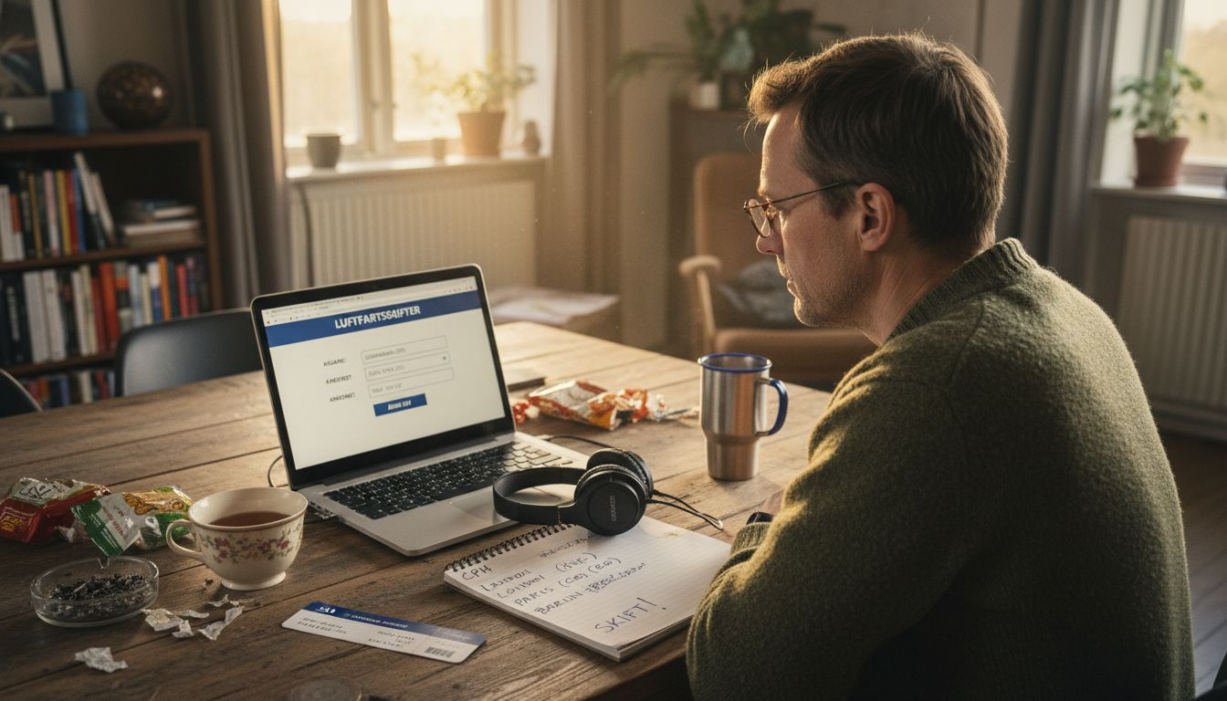 En mand sidder derhjemme og ændrer sin flybillet på computeren.